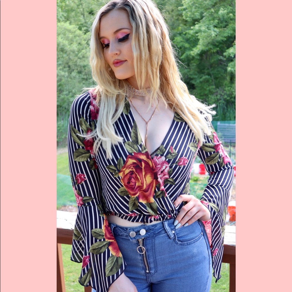 Floral striped long sleeve blouse